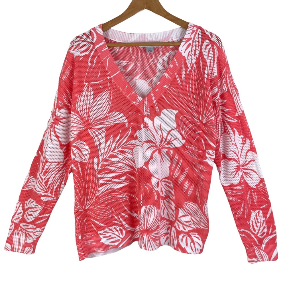 TOMMY BAHAMA Coral Color Laser Cut Long Sleeve Top Size Large